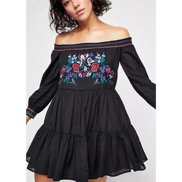 Free People Sunbeams Embroidered Mini Dress Black Size Large - Picture 1 of 10